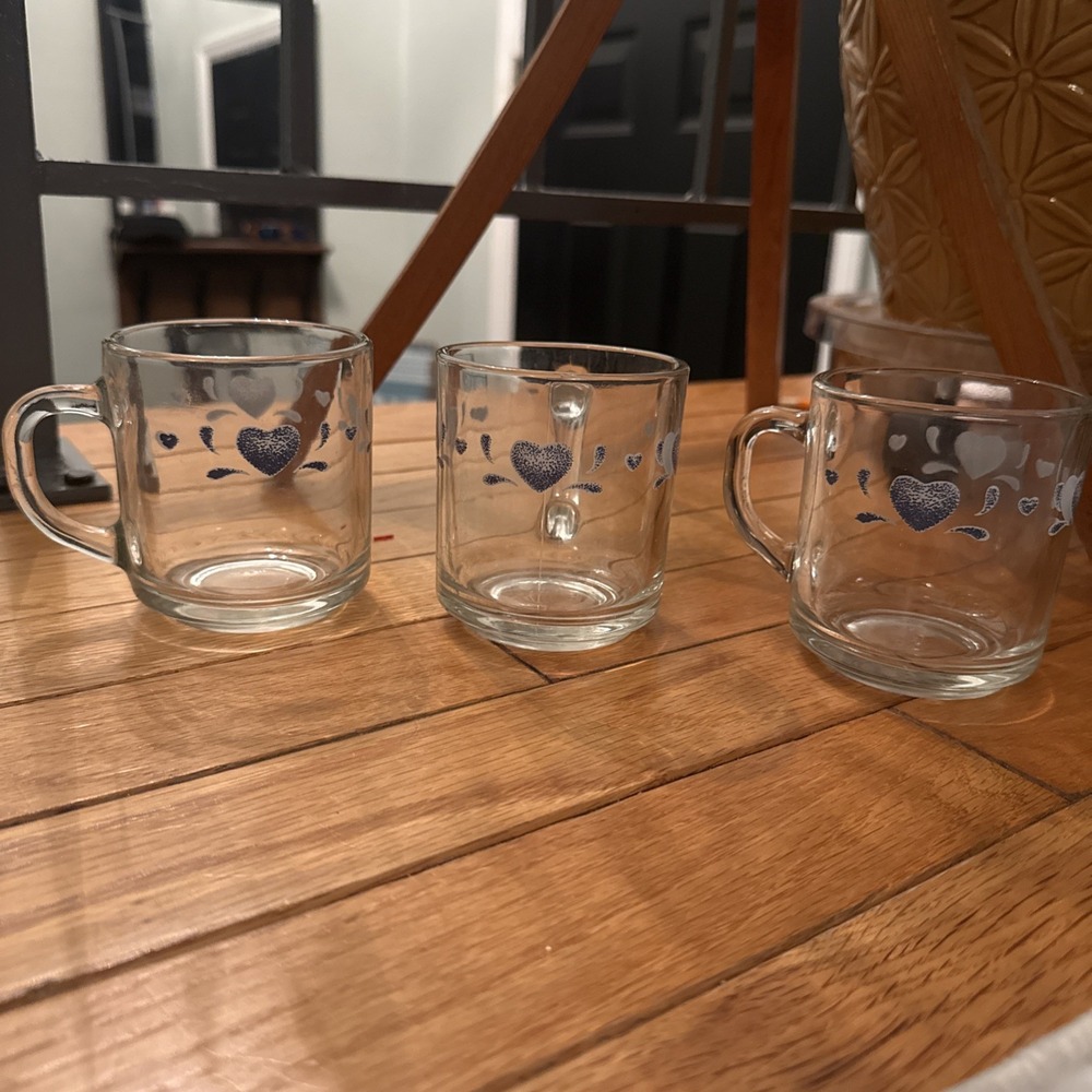 3 VTG Anchor Hocking Clear Glass Coffee Mugs Cups Corelle Blue Heart Cottage